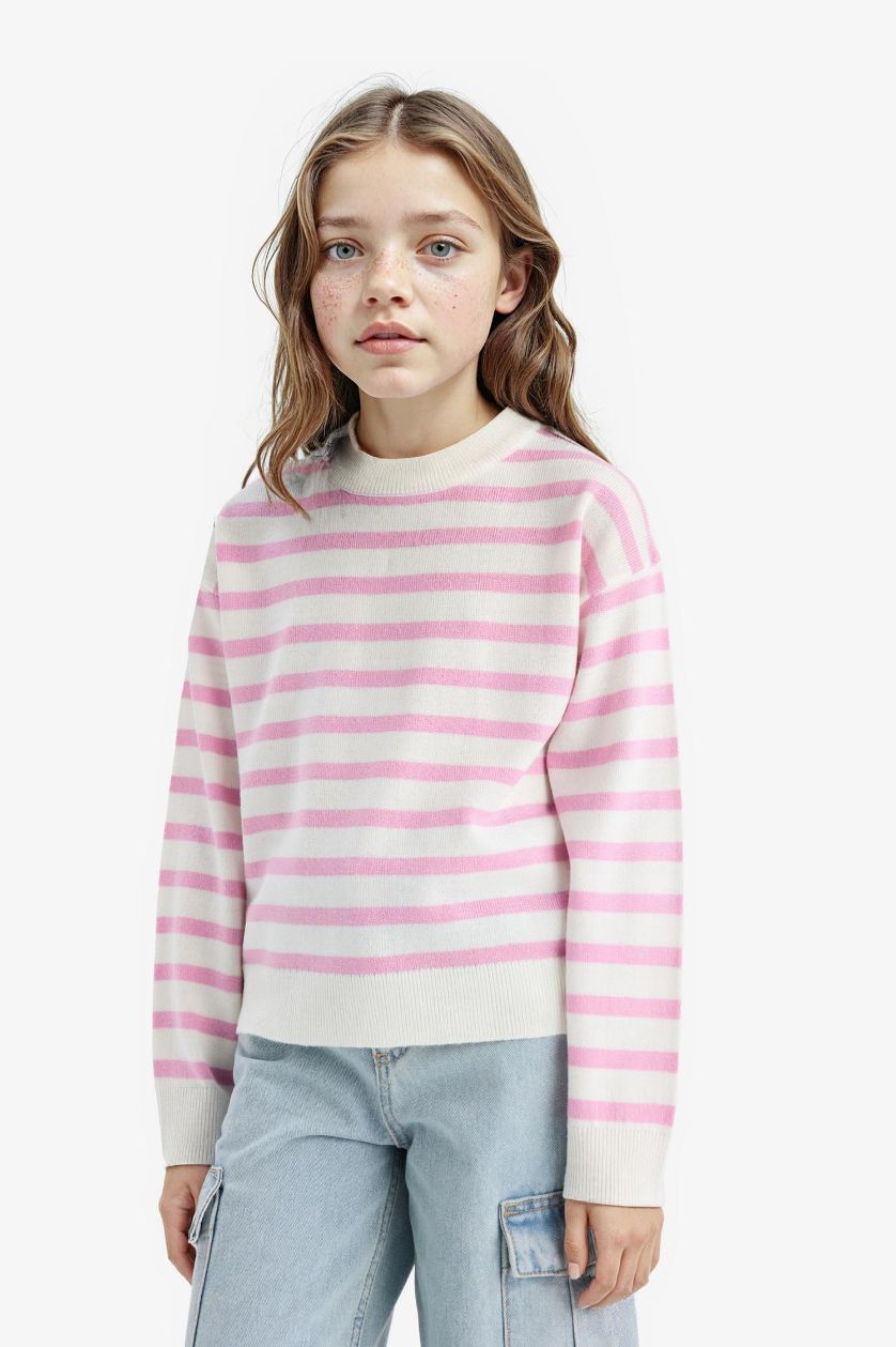 GIRLS & TEENS Pink Girl Standard Fit Crew Neck Striped Pullover