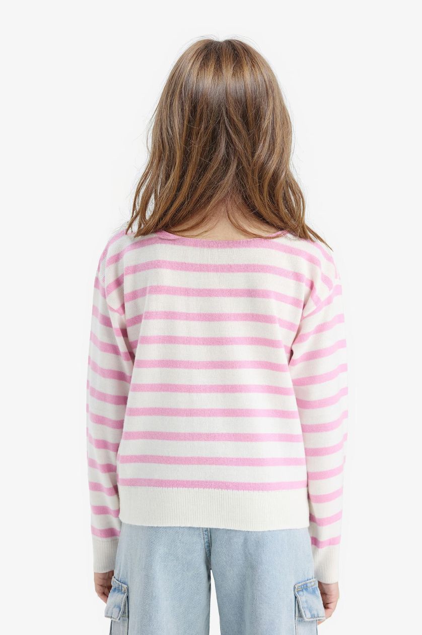 GIRLS & TEENS Pink Girl Standard Fit Crew Neck Striped Pullover