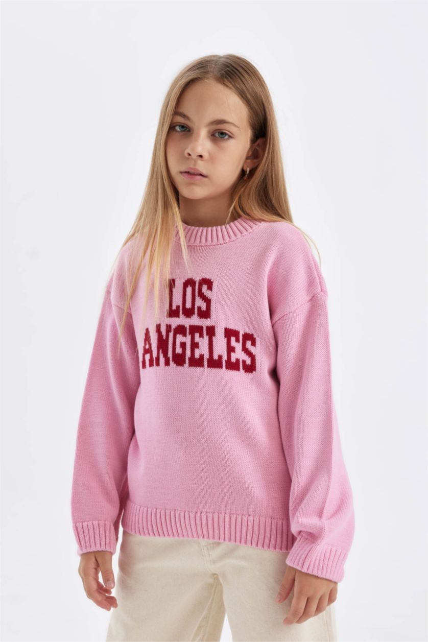 Kız Çocuk - Genç Kız Pembe Kız Çocuk Oversize Geniş Kalıp Bisiklet Yaka Yazılı Desenli Triko Kazak