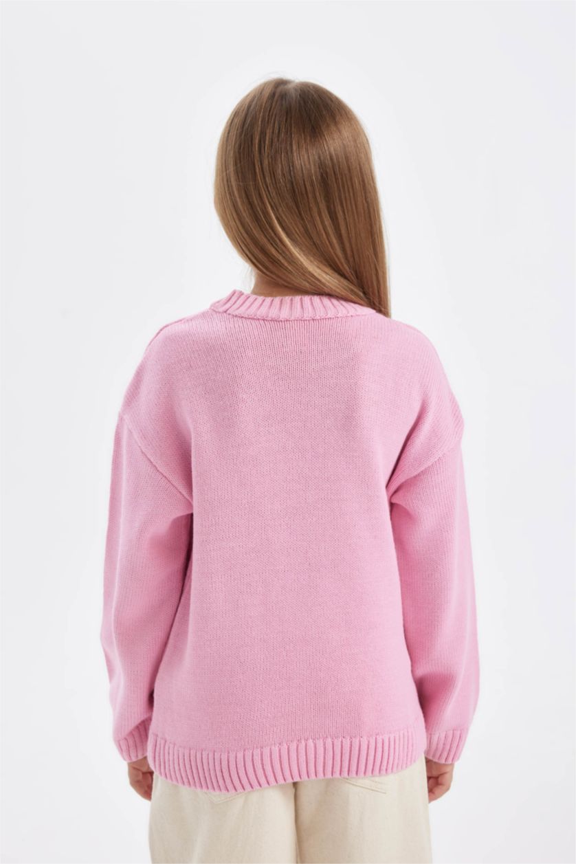 Kız Çocuk - Genç Kız Pembe Kız Çocuk Oversize Geniş Kalıp Bisiklet Yaka Yazılı Desenli Triko Kazak