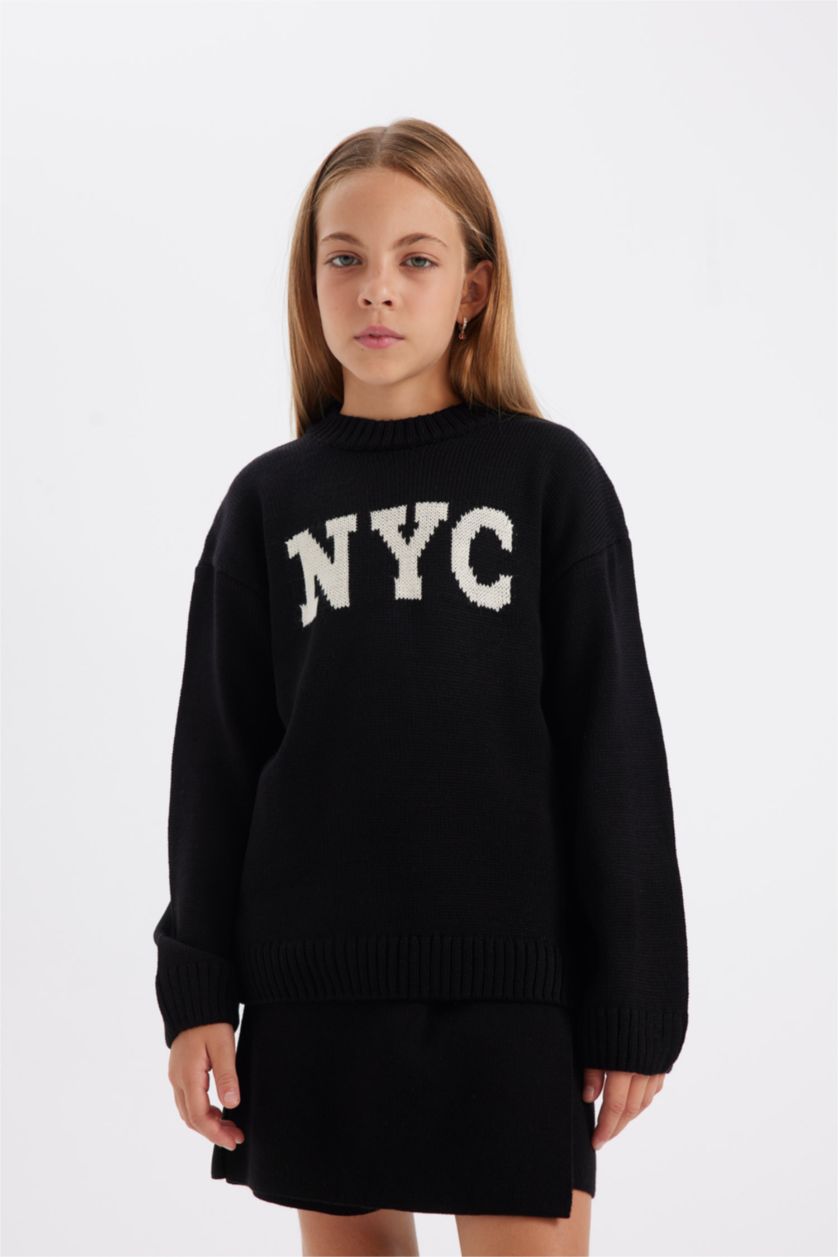 FILLES Noir Pull tricot à col rond à motifs écrits en coupe oversize pour Fille