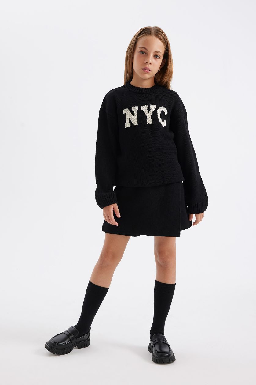 FILLES Noir Pull tricot à col rond à motifs écrits en coupe oversize pour Fille
