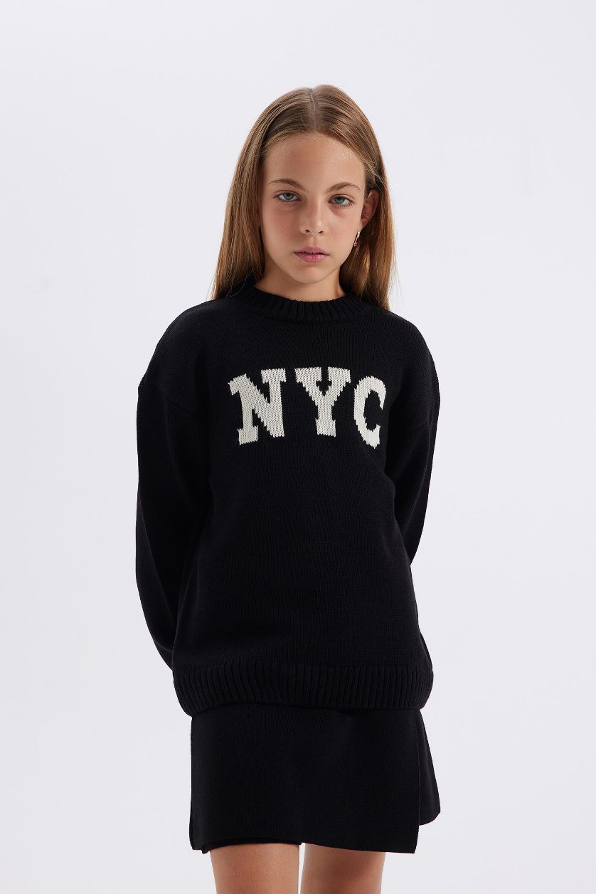 FILLES Noir Pull tricot à col rond à motifs écrits en coupe oversize pour Fille