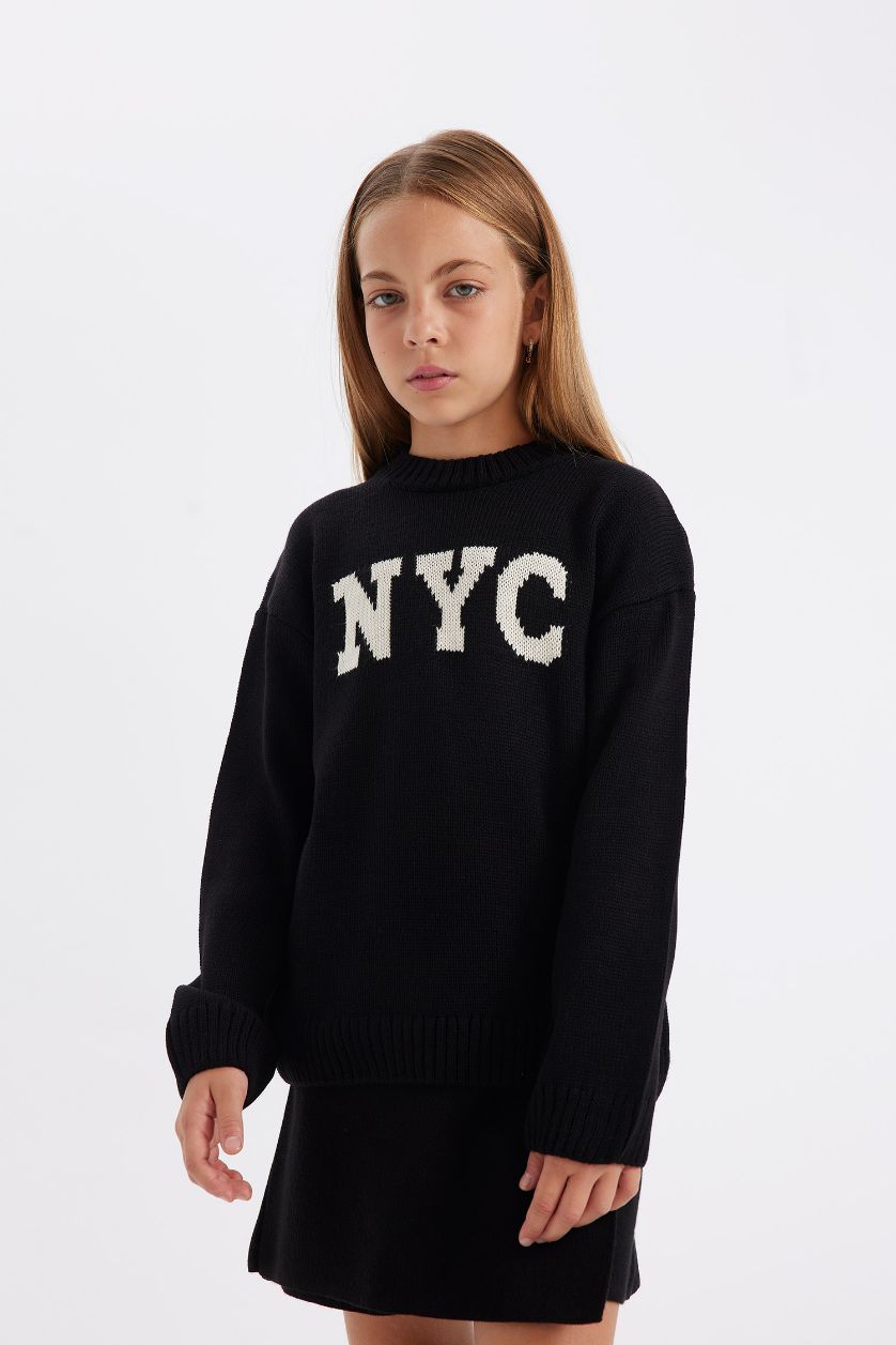 FILLES Noir Pull tricot à col rond à motifs écrits en coupe oversize pour Fille