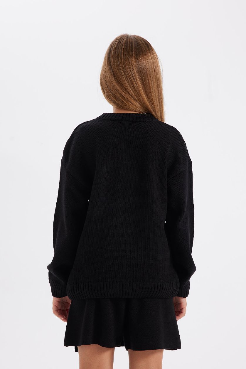 FILLES Noir Pull tricot à col rond à motifs écrits en coupe oversize pour Fille