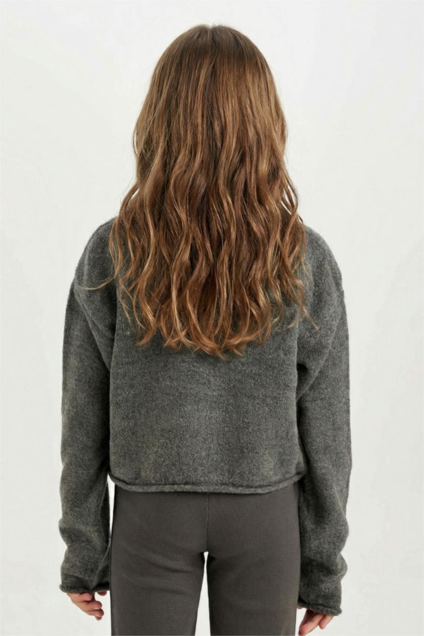 Kız Çocuk - Genç Kız Antrasit Standart Fit Bisiklet Yaka Basic Düz Triko Kazak Kız Çocuk