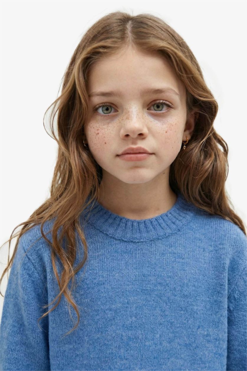 بناتي أزرق بلوفر بناتي بيزك قصة عادية برقبة مستديرة