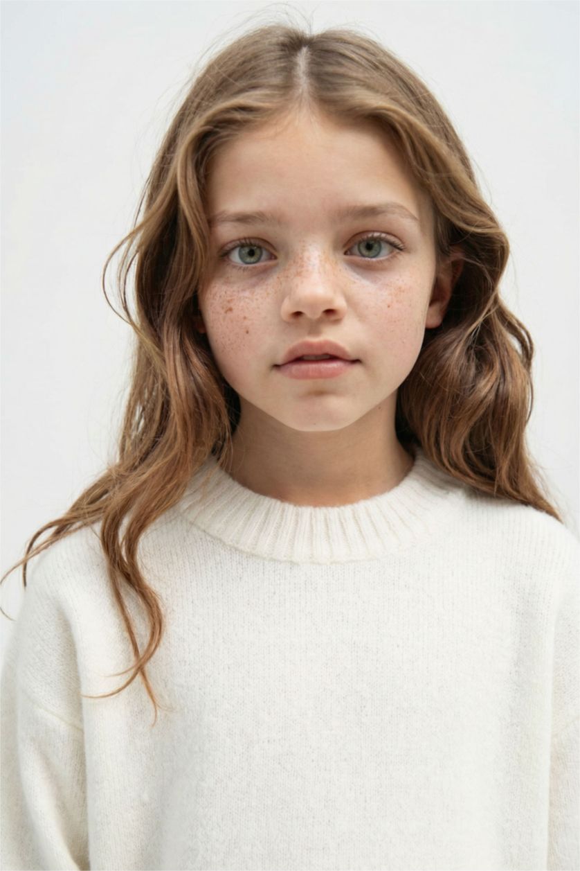 FILLES Écru Pull tricot à col rond basique à coupe standard pour Fille