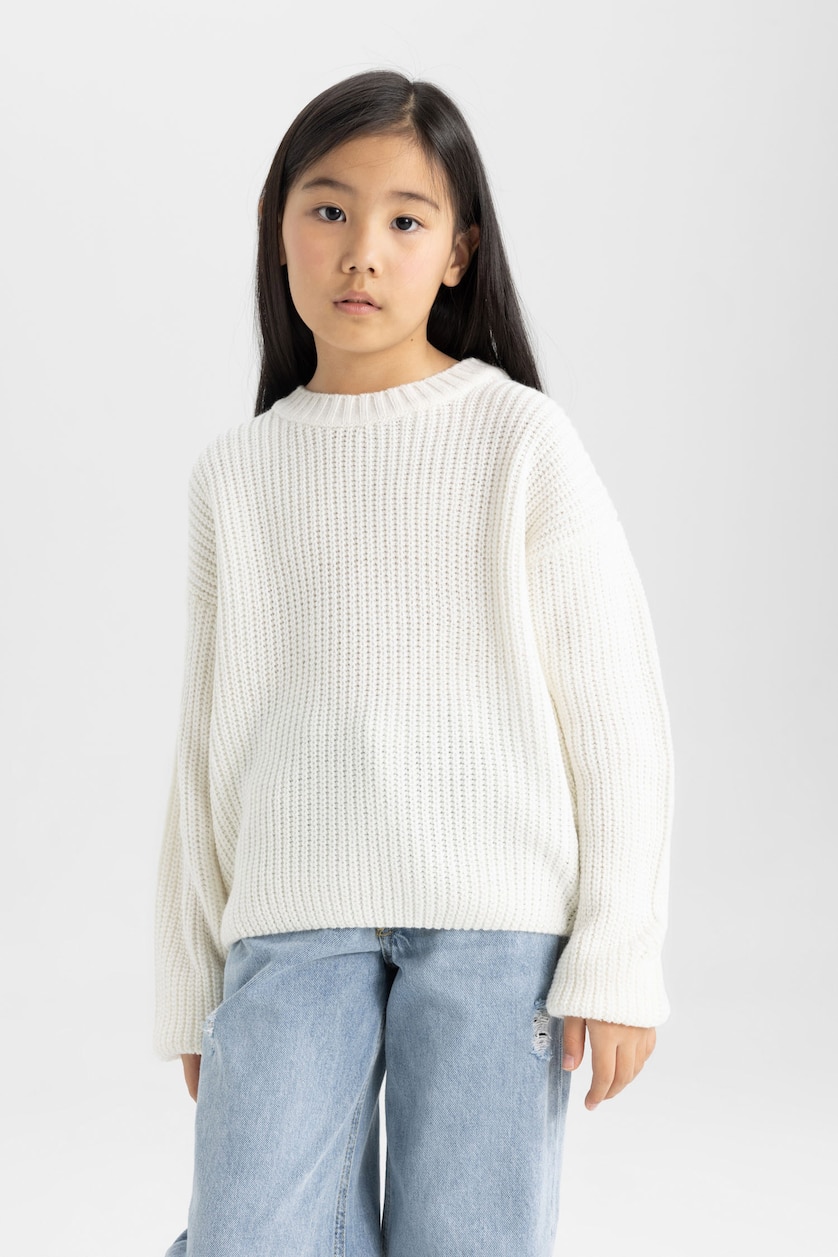 GIRLS & TEENS Ecru Girl Standard Fit Crew Neck Basic Knitted Pullover