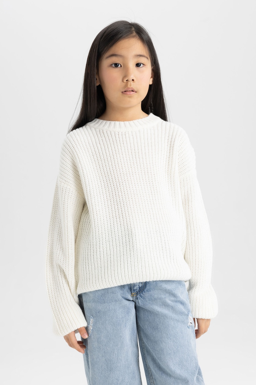 GIRLS & TEENS Ecru Girl Standard Fit Crew Neck Basic Knitted Pullover
