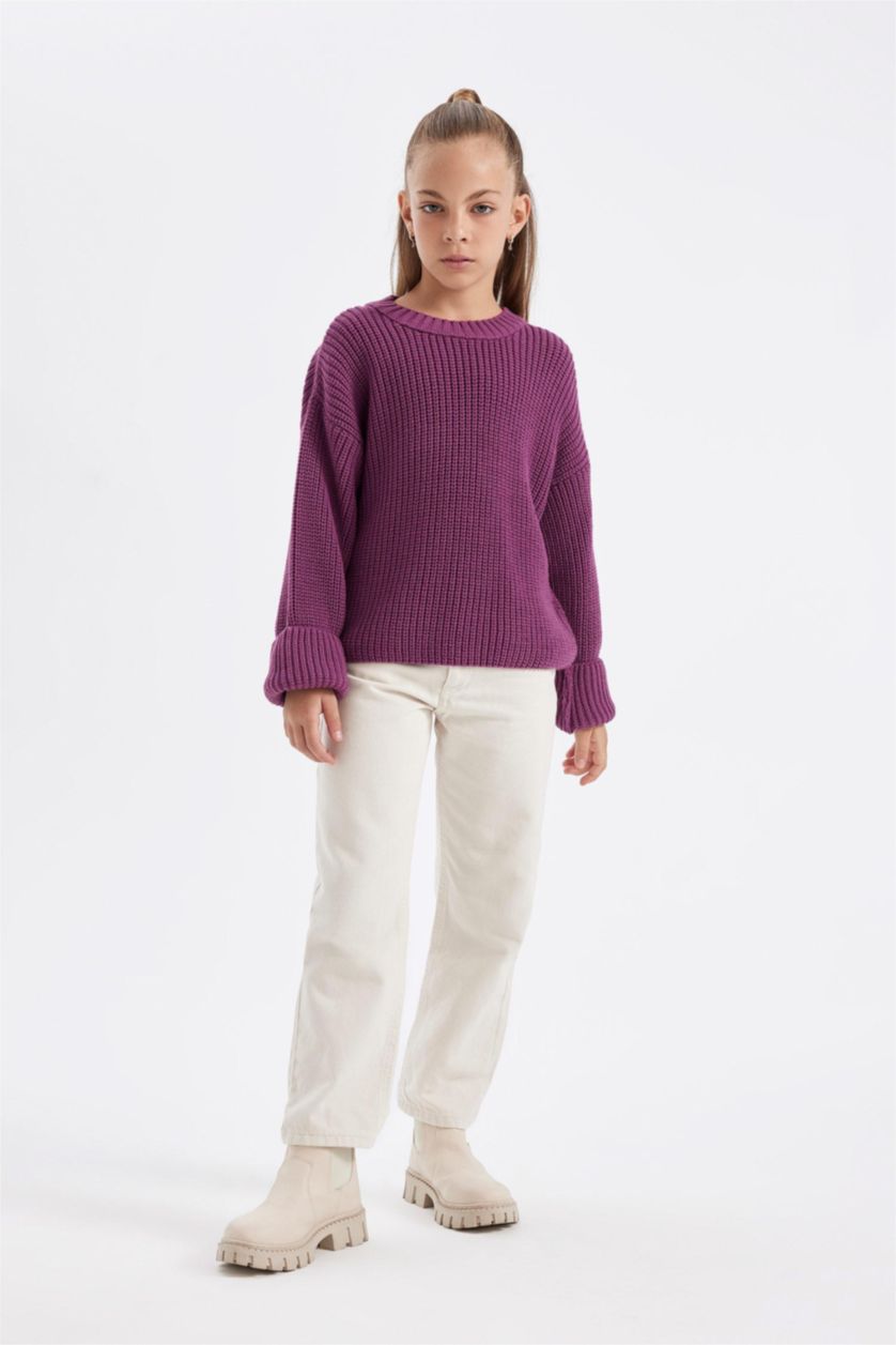 Kız Çocuk - Genç Kız Mor Mor Standart Fit Bisiklet Yaka Basic Düz Triko Kazak Kız Çocuk