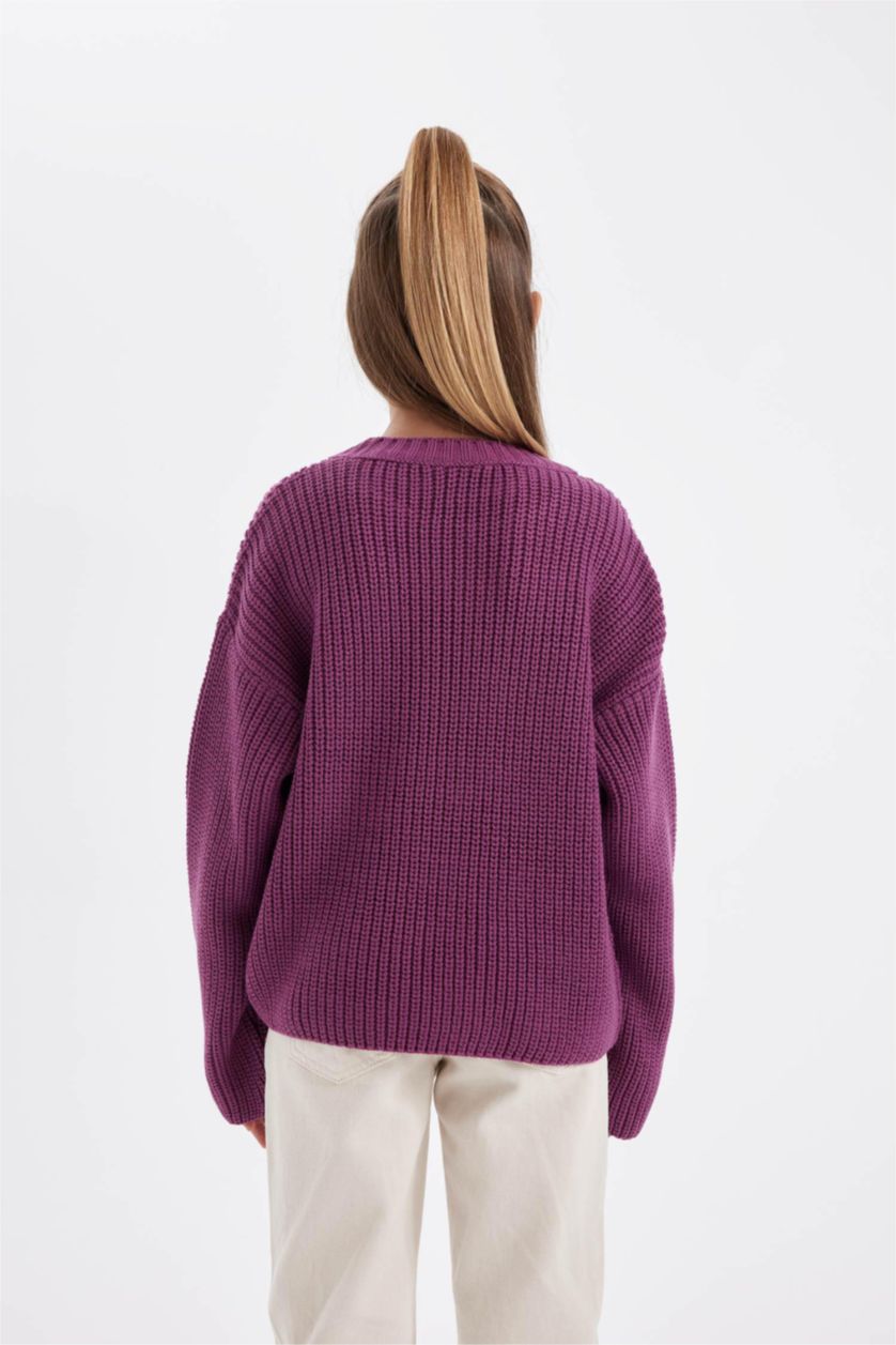 Kız Çocuk - Genç Kız Mor Mor Standart Fit Bisiklet Yaka Basic Düz Triko Kazak Kız Çocuk