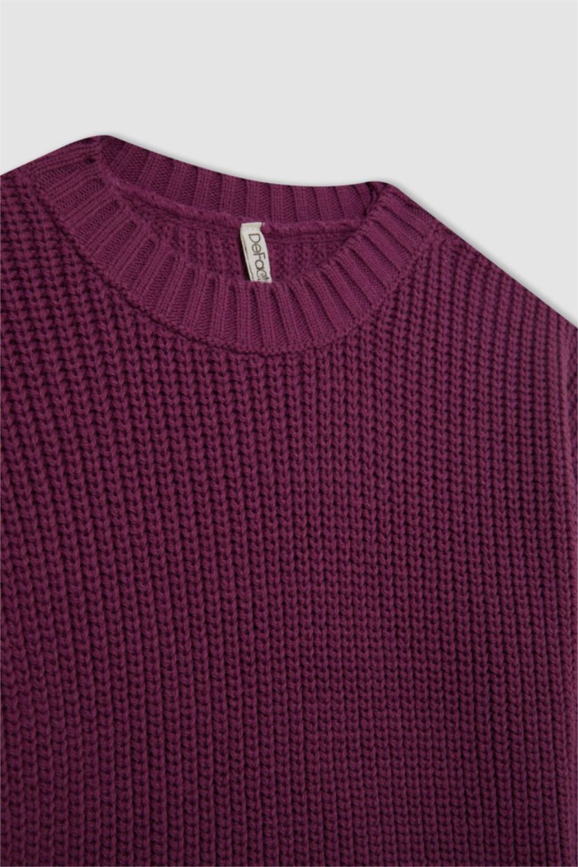 Kız Çocuk - Genç Kız Mor Mor Standart Fit Bisiklet Yaka Basic Düz Triko Kazak Kız Çocuk