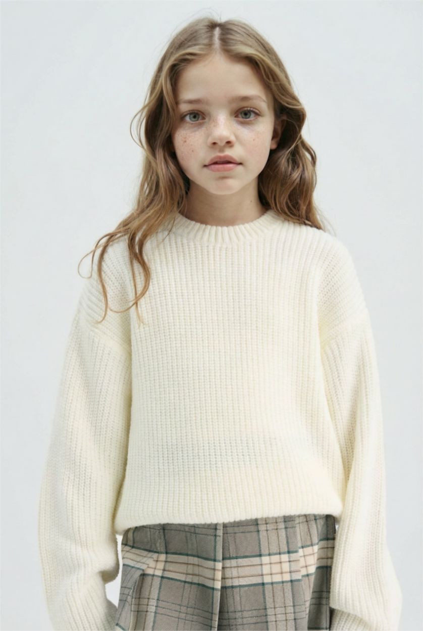 GIRLS & TEENS Ecru Girl Standard Fit Crew Neck Knit Pullover
