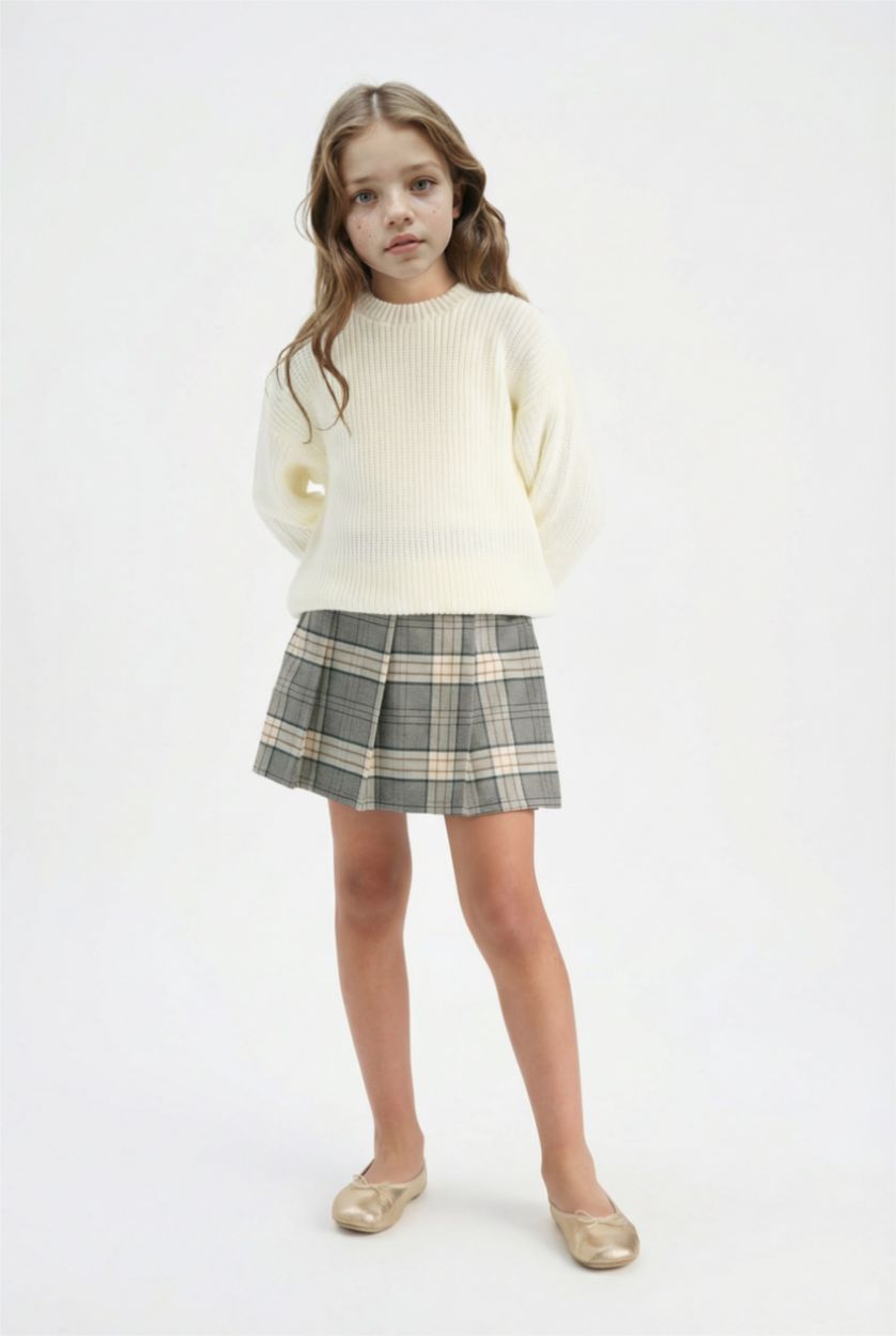 GIRLS & TEENS Ecru Girl Standard Fit Crew Neck Knit Pullover