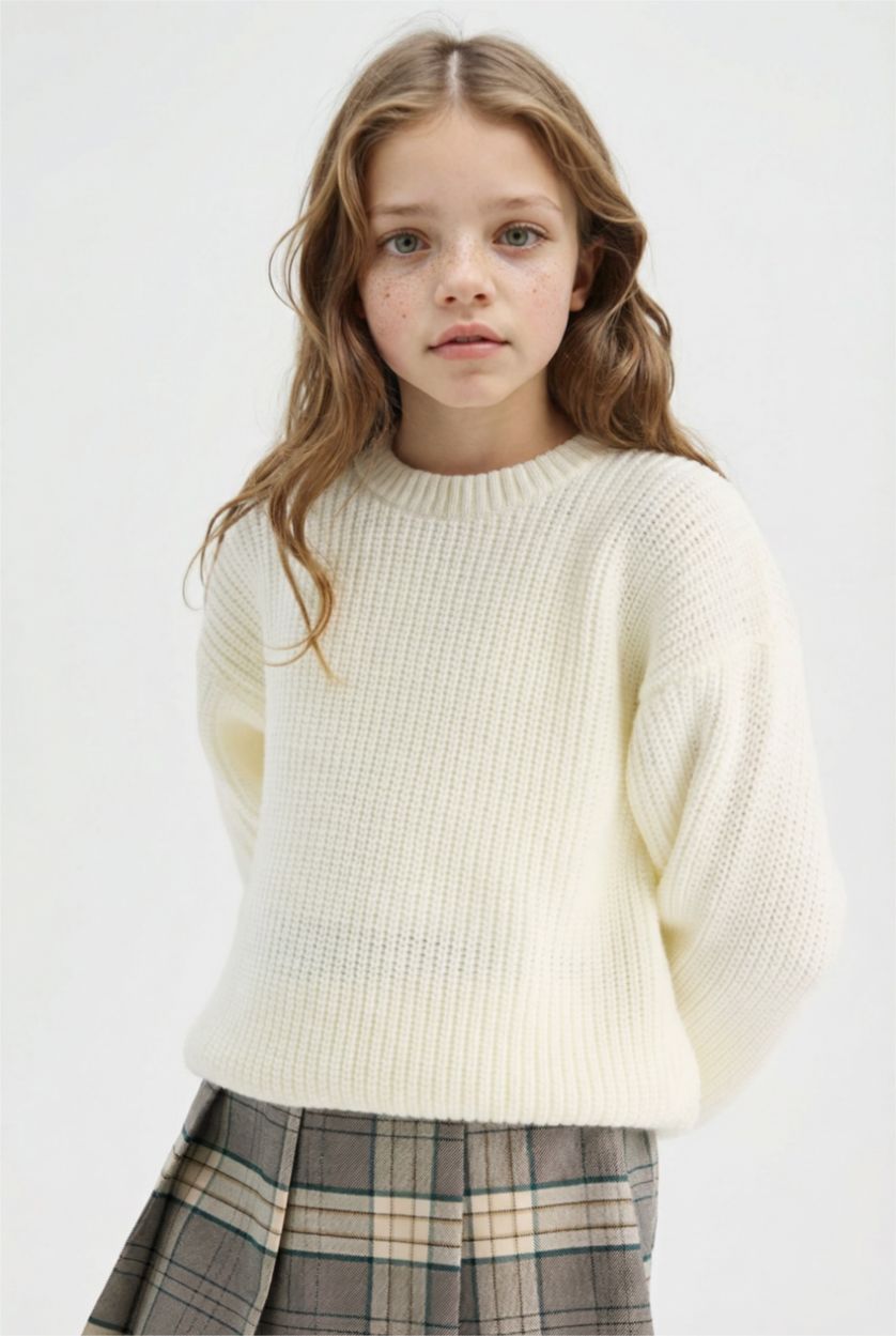 GIRLS & TEENS Ecru Girl Standard Fit Crew Neck Knit Pullover
