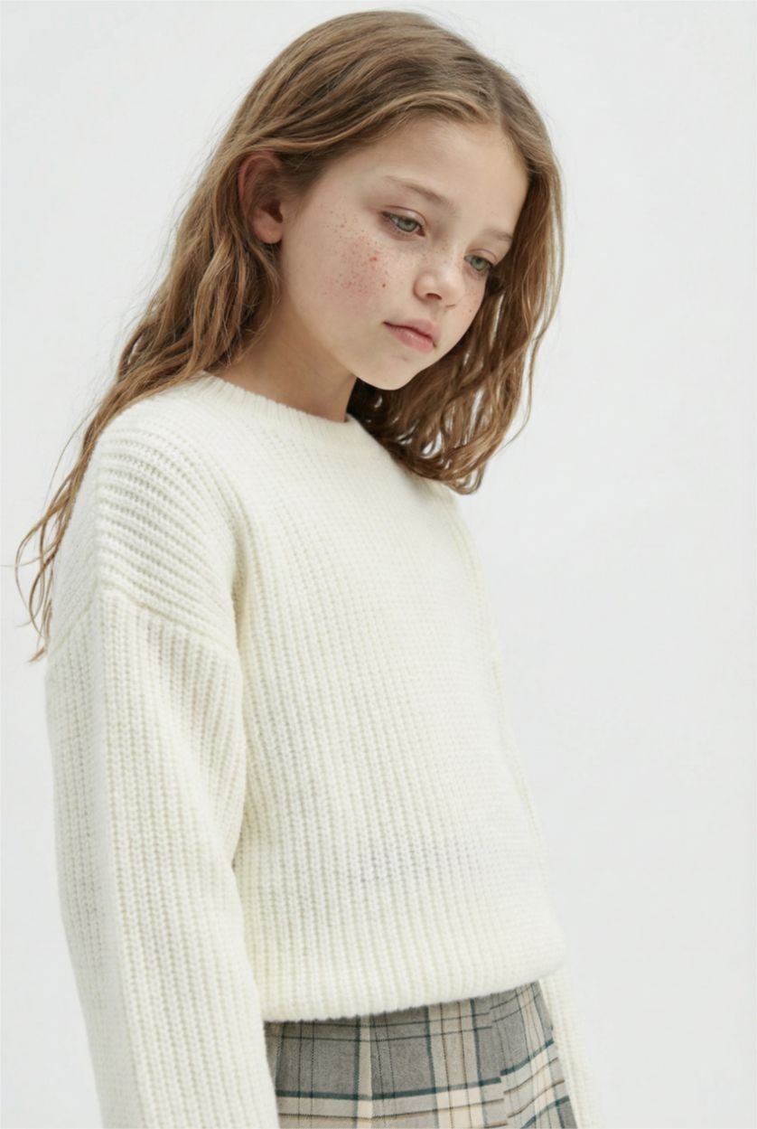 GIRLS & TEENS Ecru Girl Standard Fit Crew Neck Knit Pullover