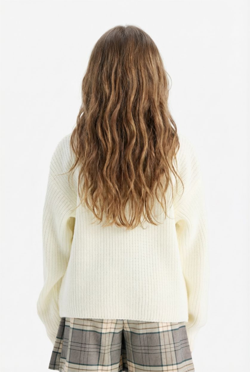 GIRLS & TEENS Ecru Girl Standard Fit Crew Neck Knit Pullover