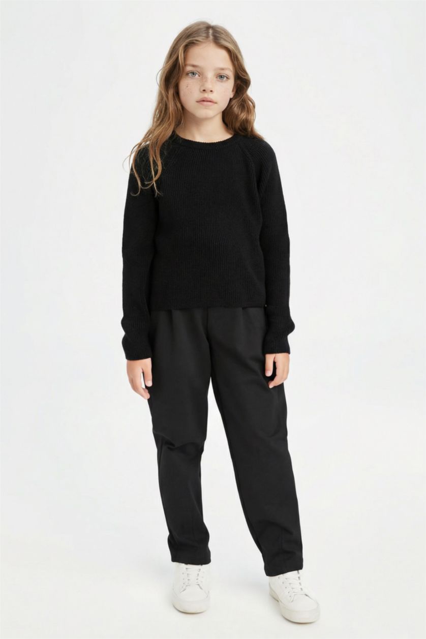 FILLES Noir Pull tricot à col rond basique en noir à coupe standard pour Fille