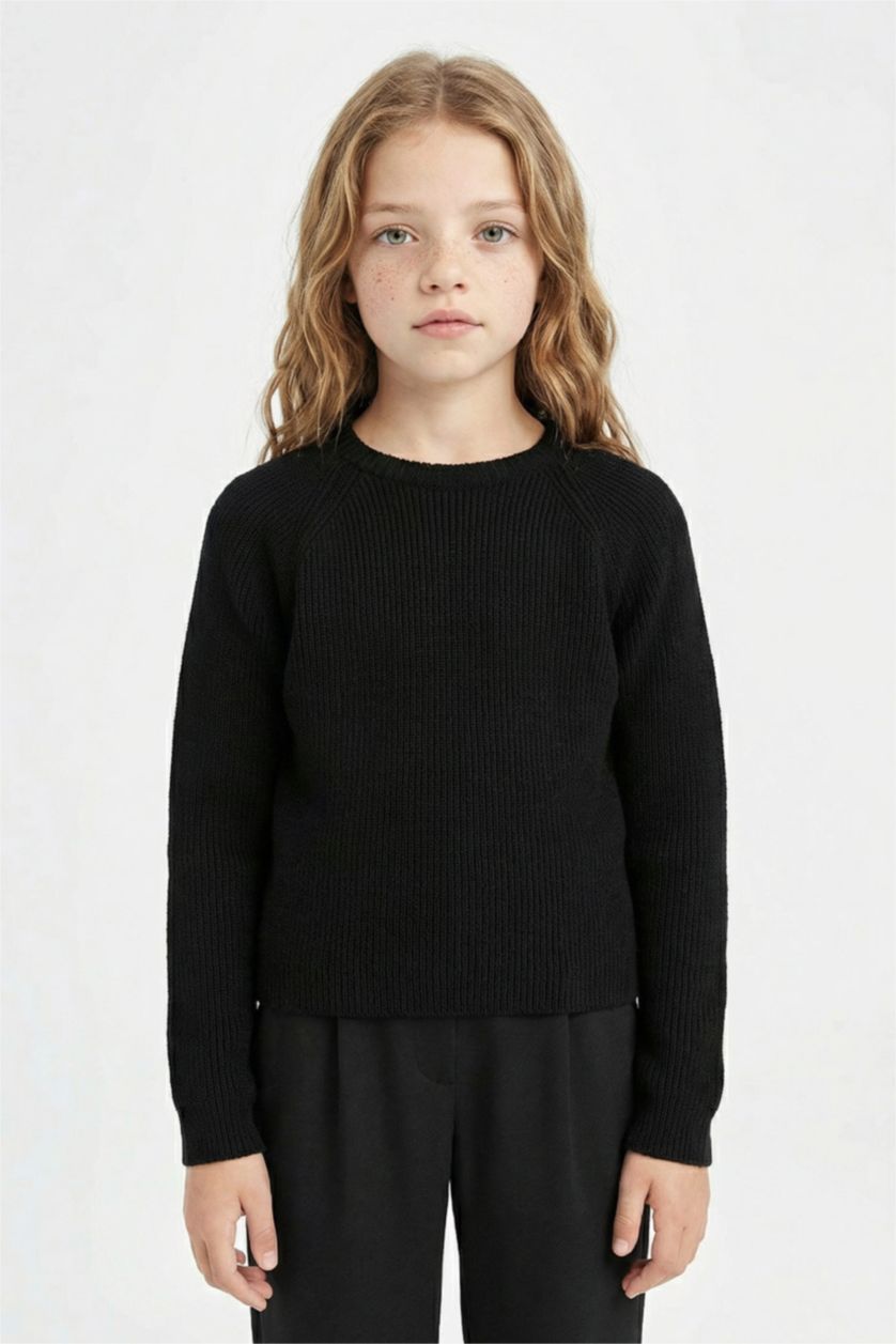 FILLES Noir Pull tricot à col rond basique en noir à coupe standard pour Fille