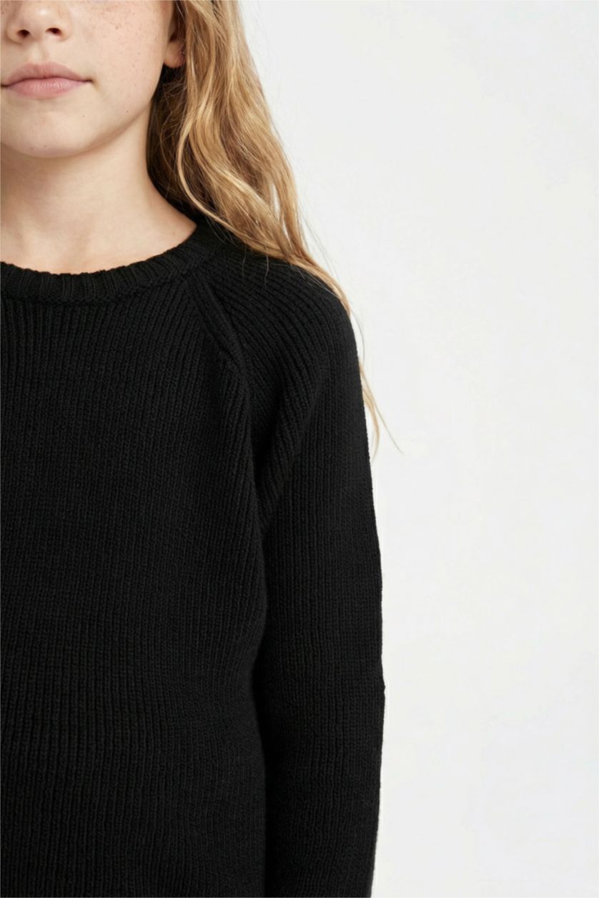 FILLES Noir Pull tricot à col rond basique en noir à coupe standard pour Fille