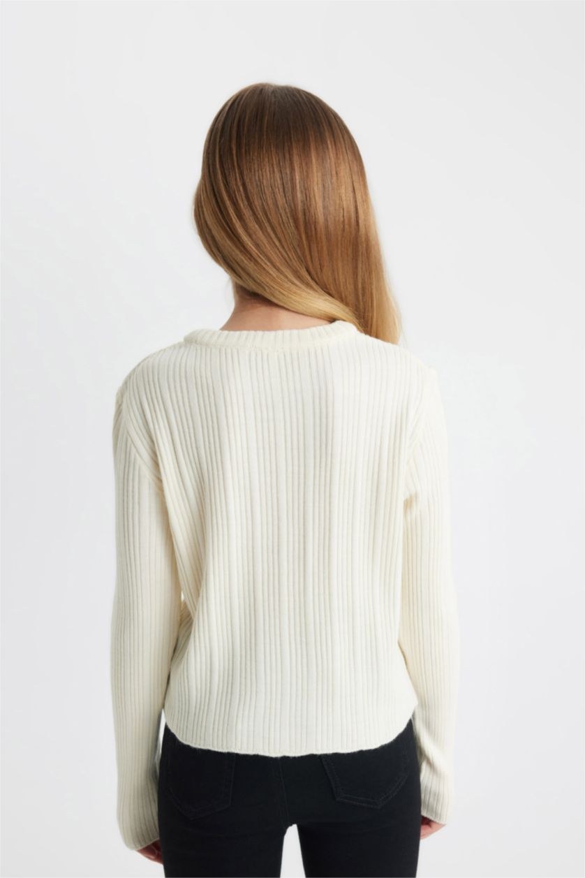 Kız Çocuk - Genç Kız Ekru Kız Çocuk Ekru Standart Fit Bisiklet Yaka Triko Kazak