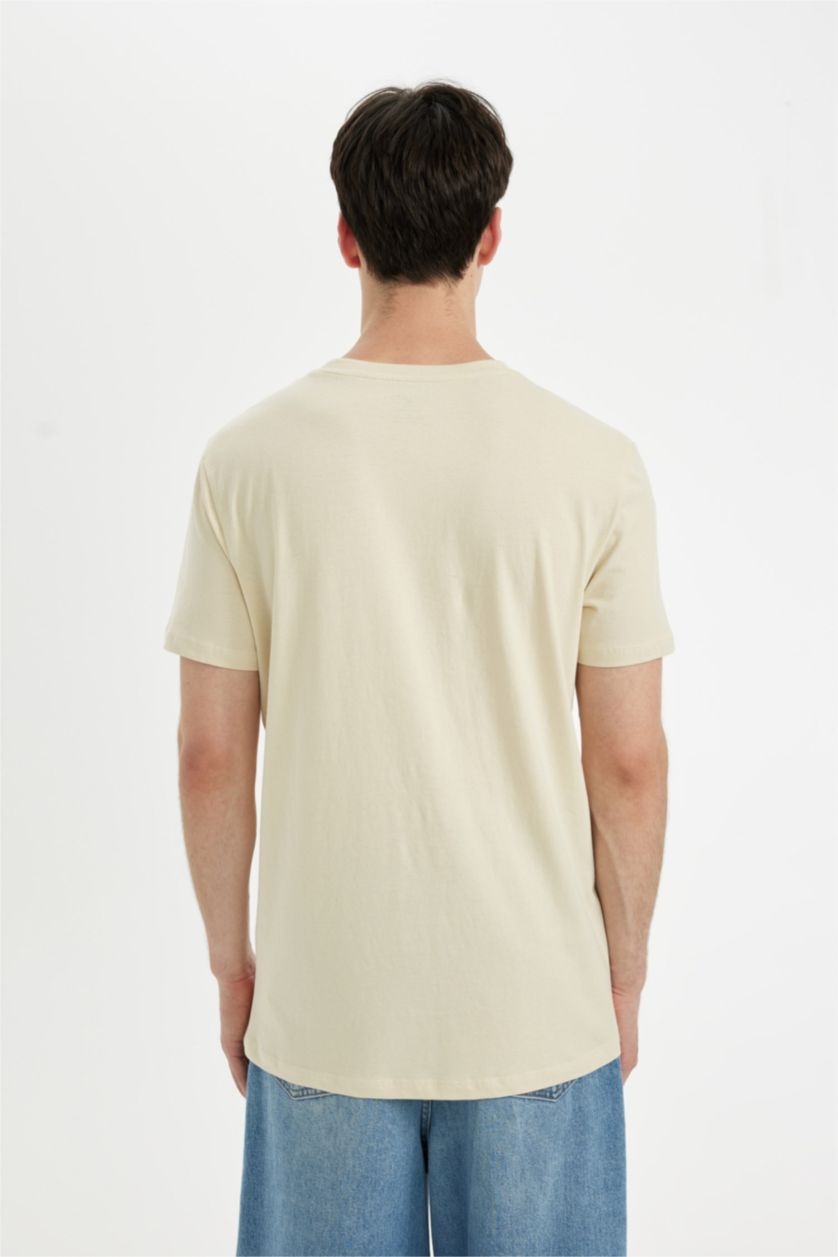 Erkek Bej %100 Pamuk Slim Fit Dar Kesim Bisiklet Yaka Baskılı Kısa Kollu Tişört