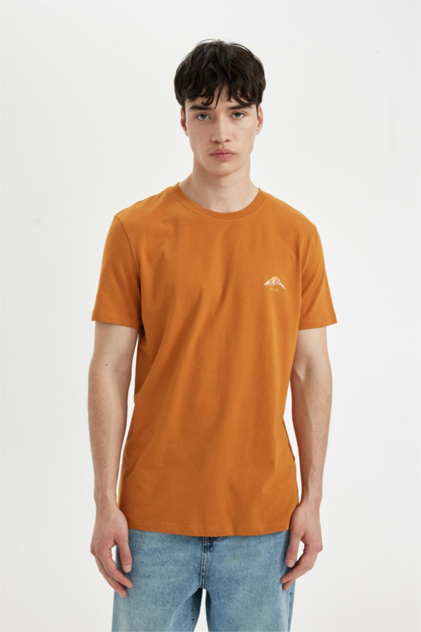 MAN Dark Orange Slim Fit Crew Neck Printed Short Sleeve T-Shirt