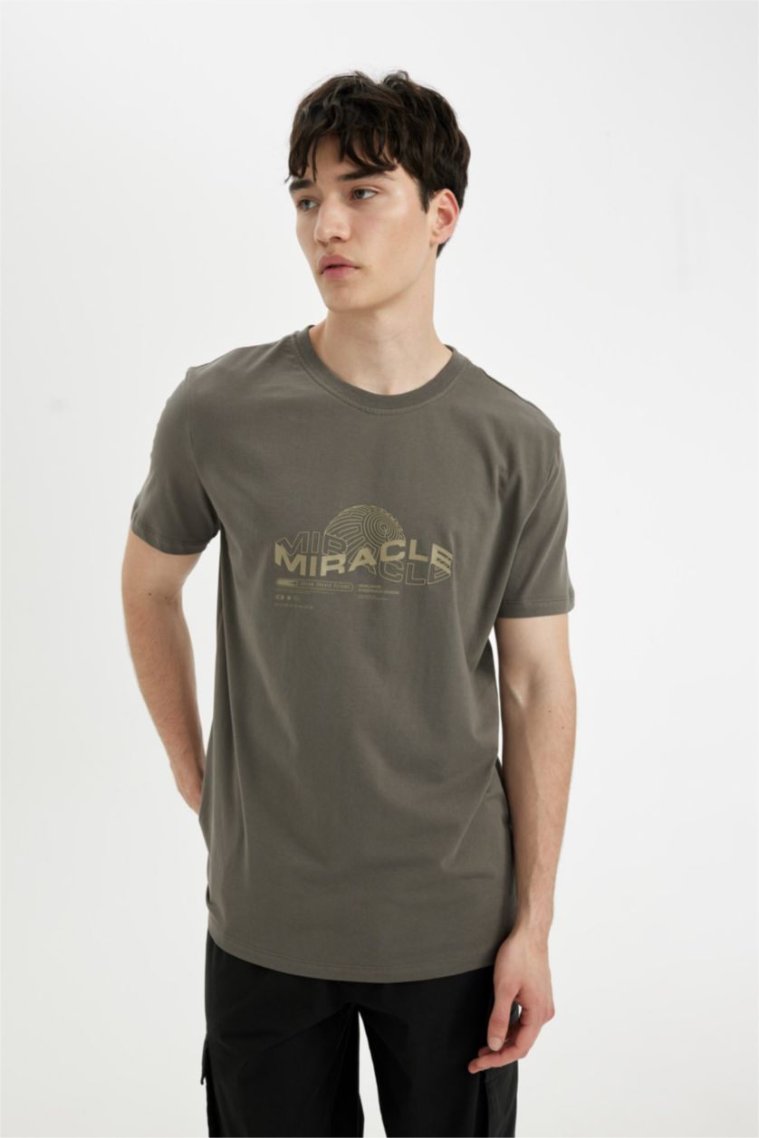 رجالي رمادي داكن تيشيرت سليم فيت مطبوع برقبة مستديرة