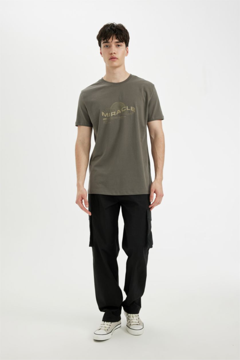 رجالي رمادي داكن تيشيرت سليم فيت مطبوع برقبة مستديرة