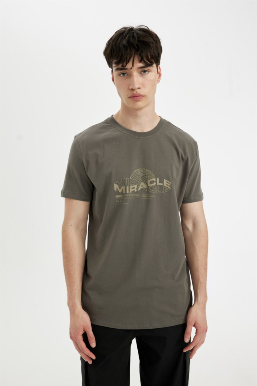 رجالي رمادي داكن تيشيرت سليم فيت مطبوع برقبة مستديرة