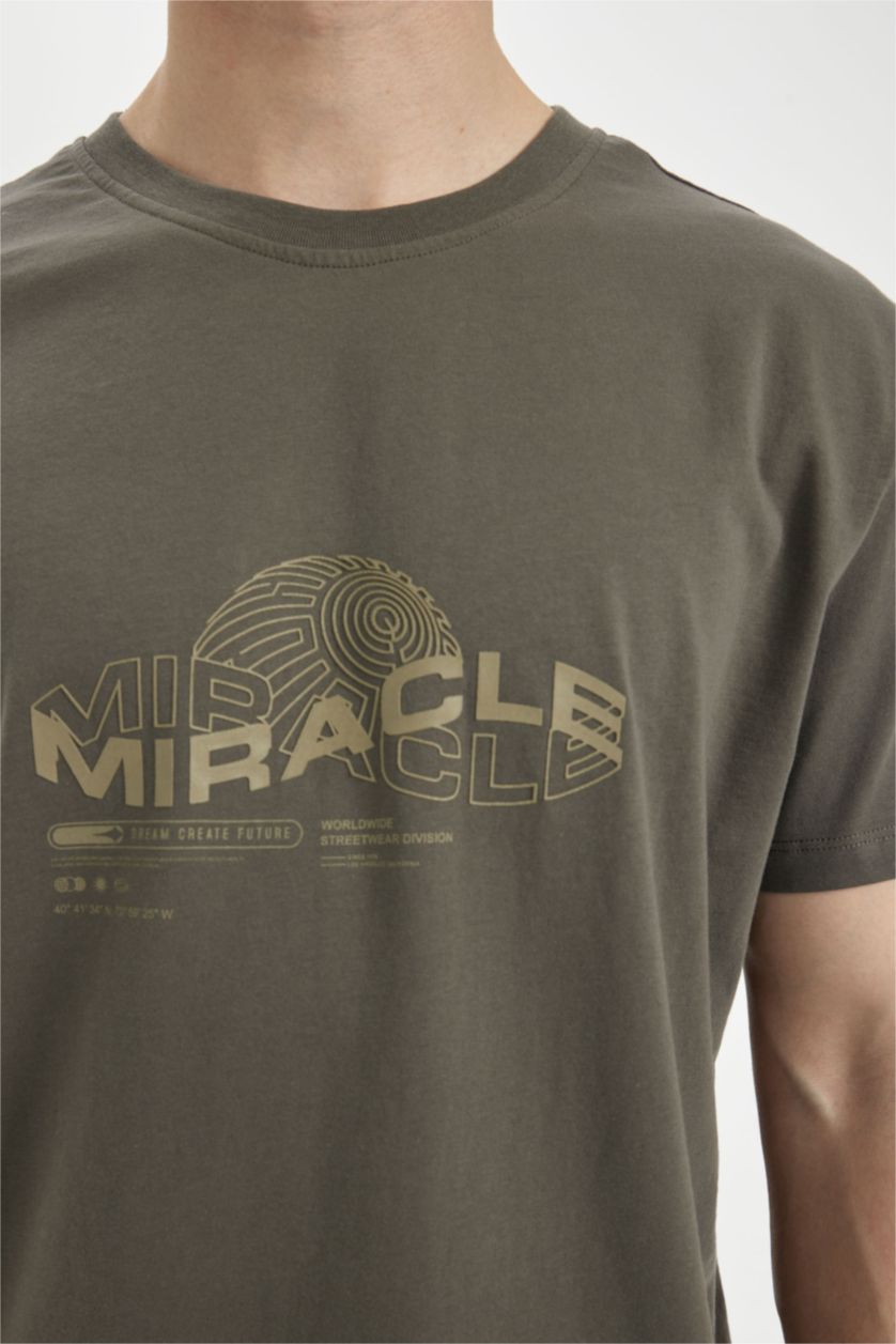 رجالي رمادي داكن تيشيرت سليم فيت مطبوع برقبة مستديرة