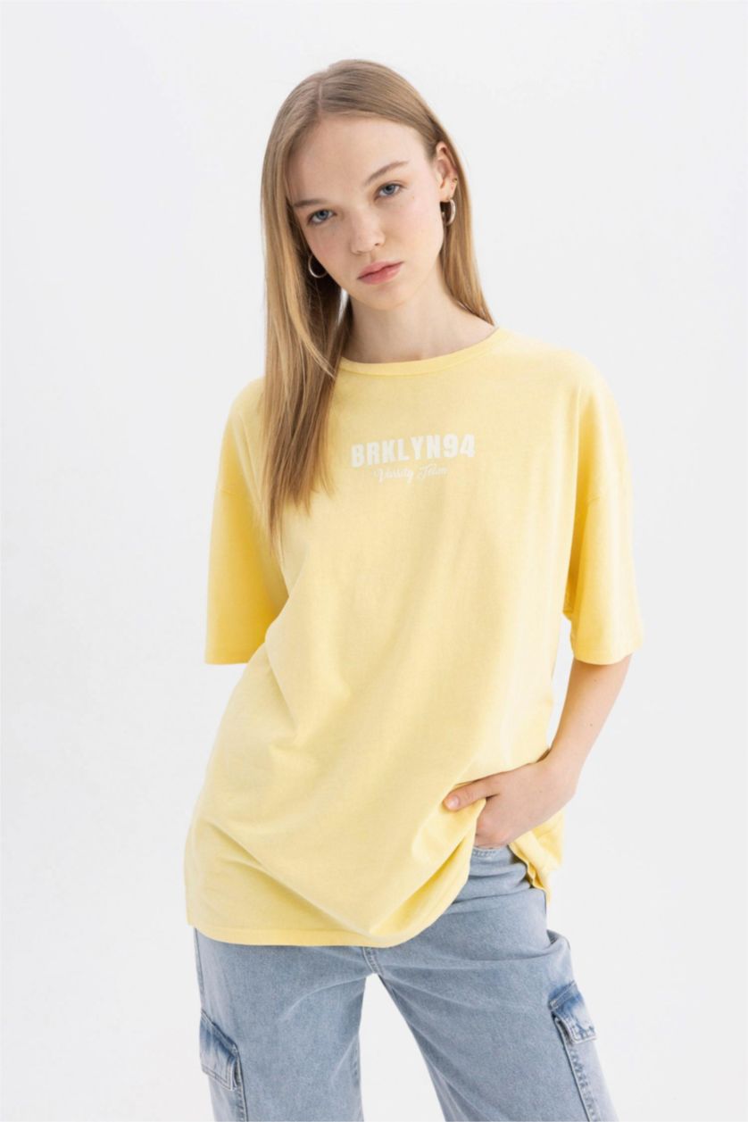 FEMME Jaune Clair T-Shirt Oversize à manches courtess imprimé à Col Rond