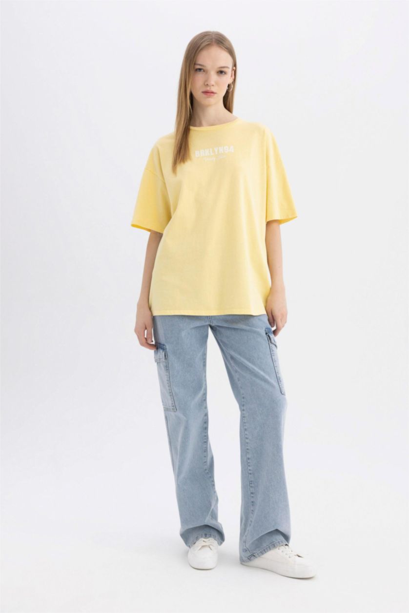 FEMME Jaune Clair T-Shirt Oversize à manches courtess imprimé à Col Rond