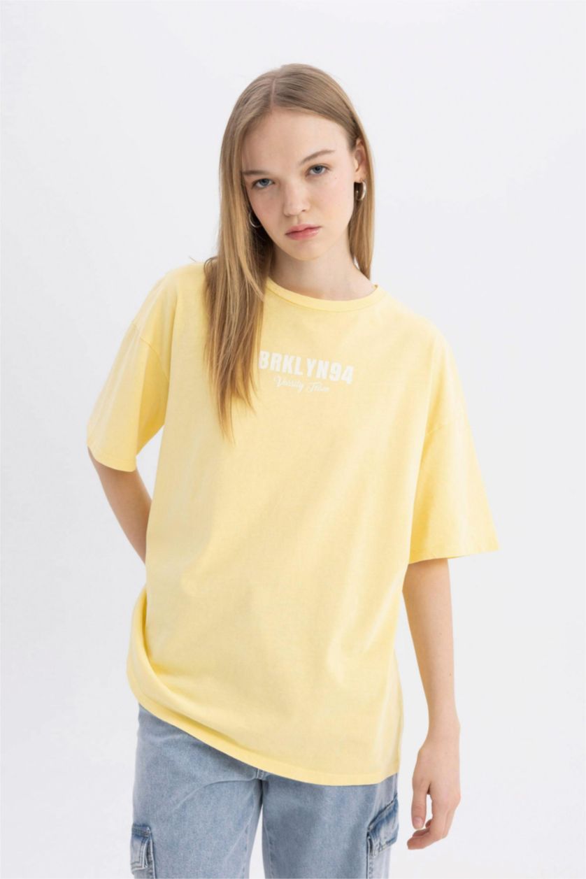 FEMME Jaune Clair T-Shirt Oversize à manches courtess imprimé à Col Rond