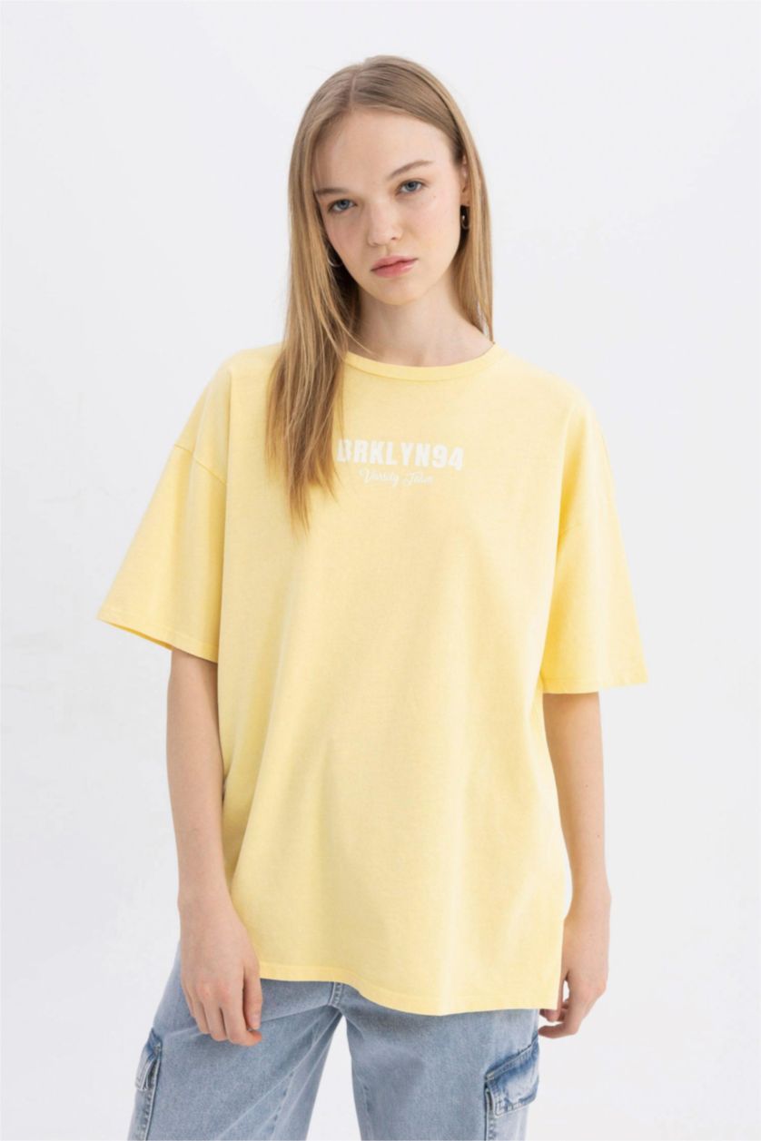 FEMME Jaune Clair T-Shirt Oversize à manches courtess imprimé à Col Rond