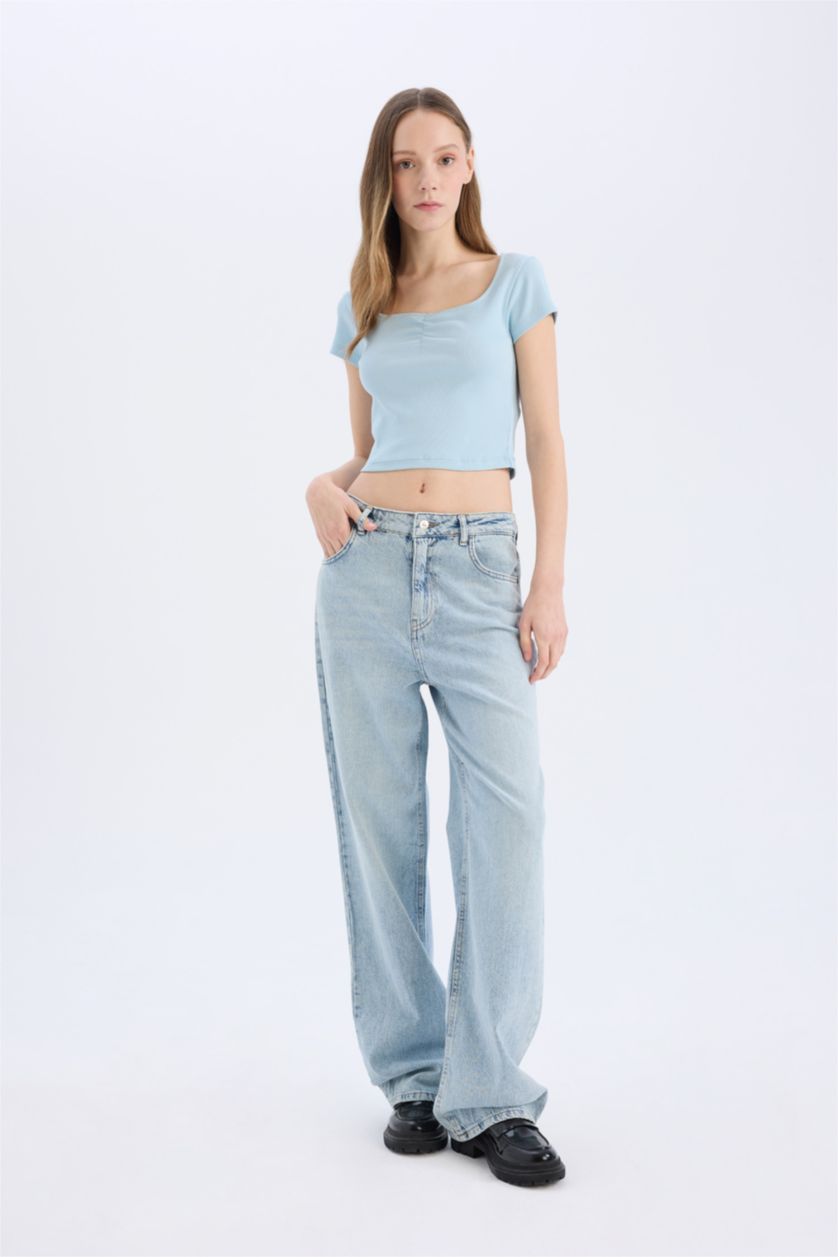 Woman Blue Slim Fit Camisole Short Sleeve T-Shirt