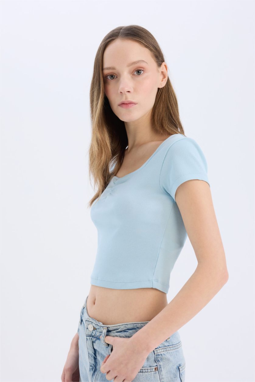 Woman Blue Slim Fit Camisole Short Sleeve T-Shirt