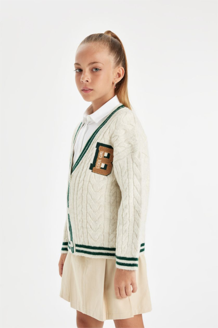 Kız Çocuk - Genç Kız Bej Melanj Triko V Yaka Düğmeli Okul Hırkası Kız Çocuk