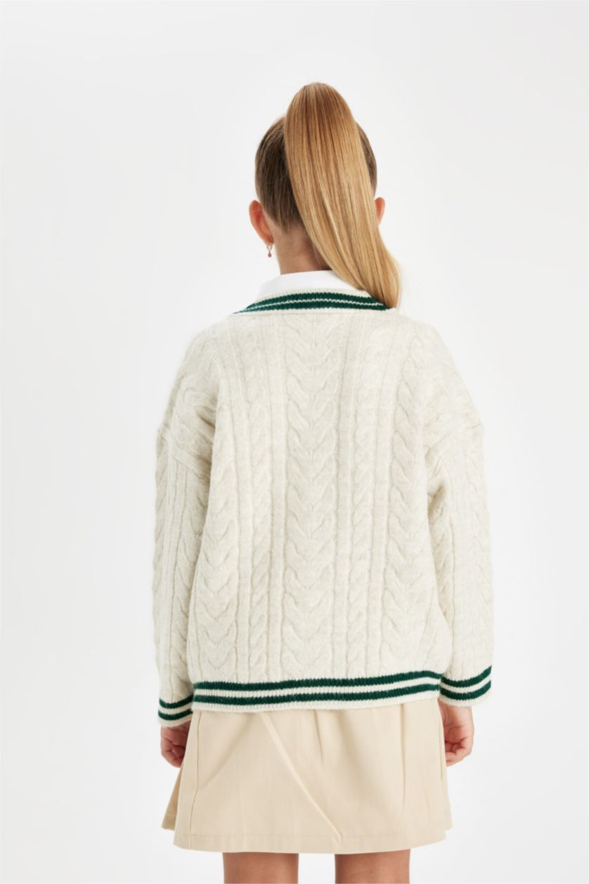 Kız Çocuk - Genç Kız Bej Melanj Triko V Yaka Düğmeli Okul Hırkası Kız Çocuk