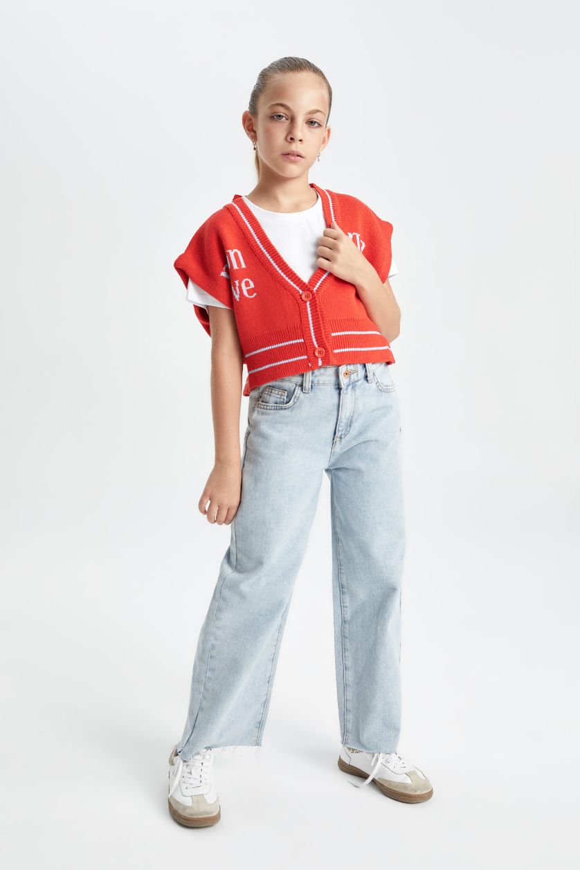 بناتي أحمر فيست تريكو بناتي بياقة V