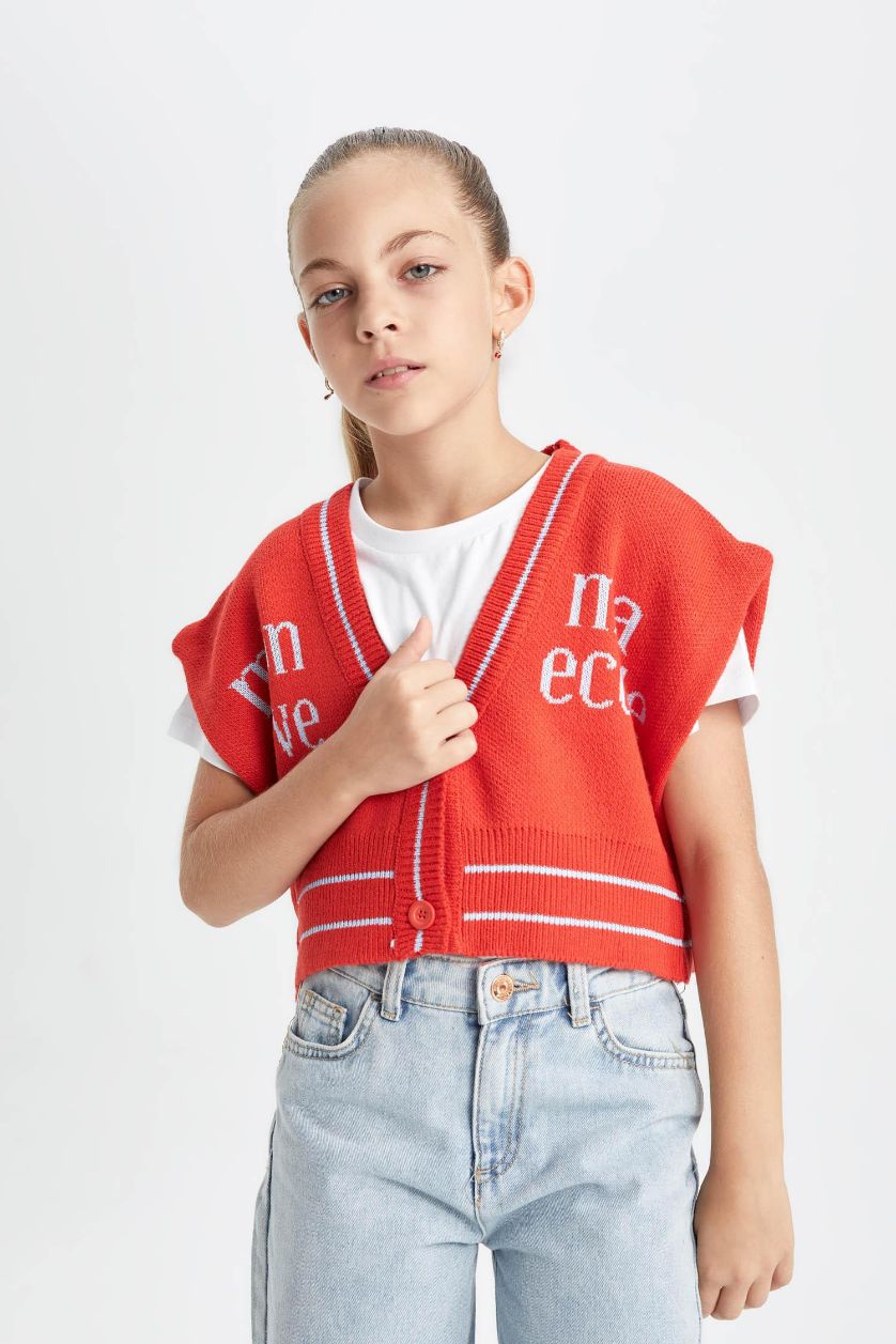 بناتي أحمر فيست تريكو بناتي بياقة V