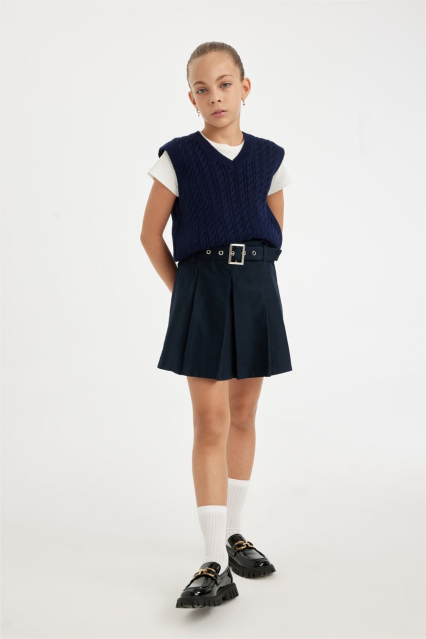 Kız Çocuk - Genç Kız Lacivert Kız Çocuk Standart Fit V Yaka Örgü Desenli Basic Düz Triko Süveter