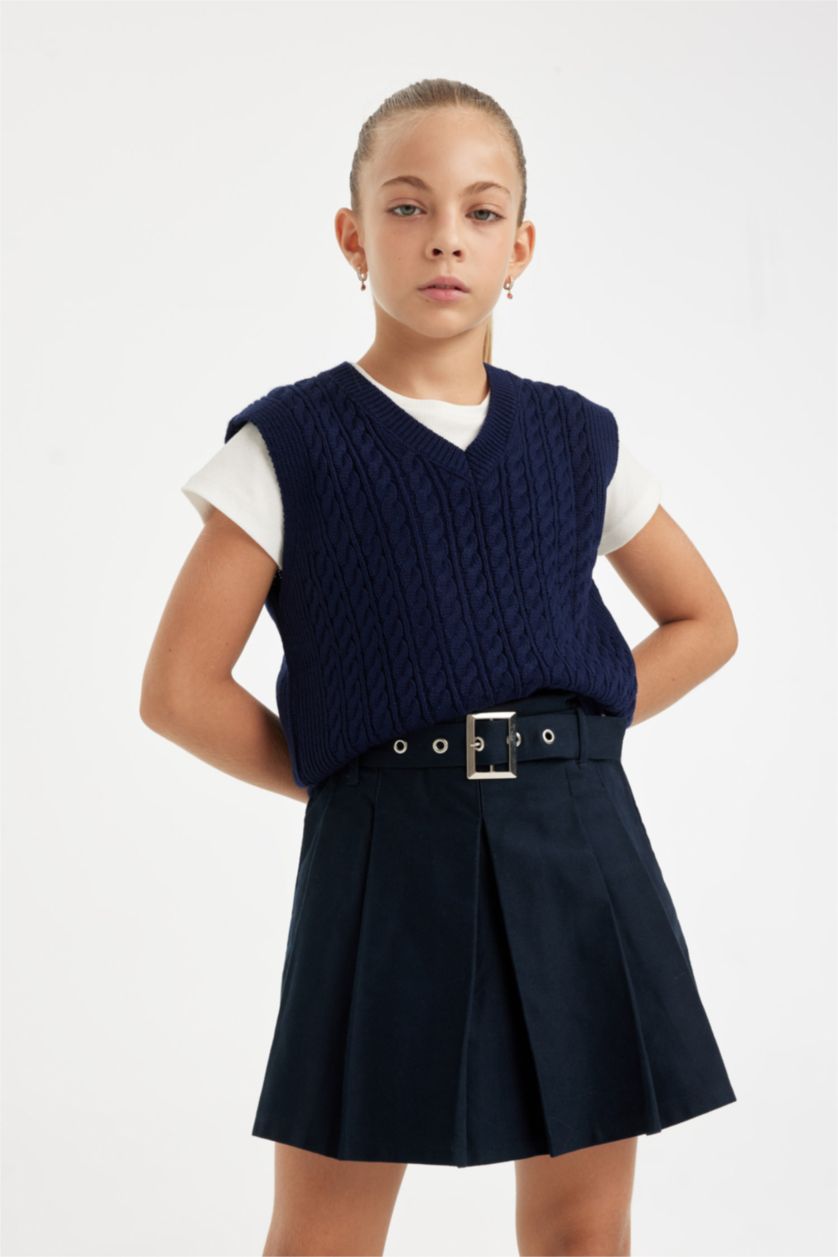 Kız Çocuk - Genç Kız Lacivert Kız Çocuk Standart Fit V Yaka Örgü Desenli Basic Düz Triko Süveter