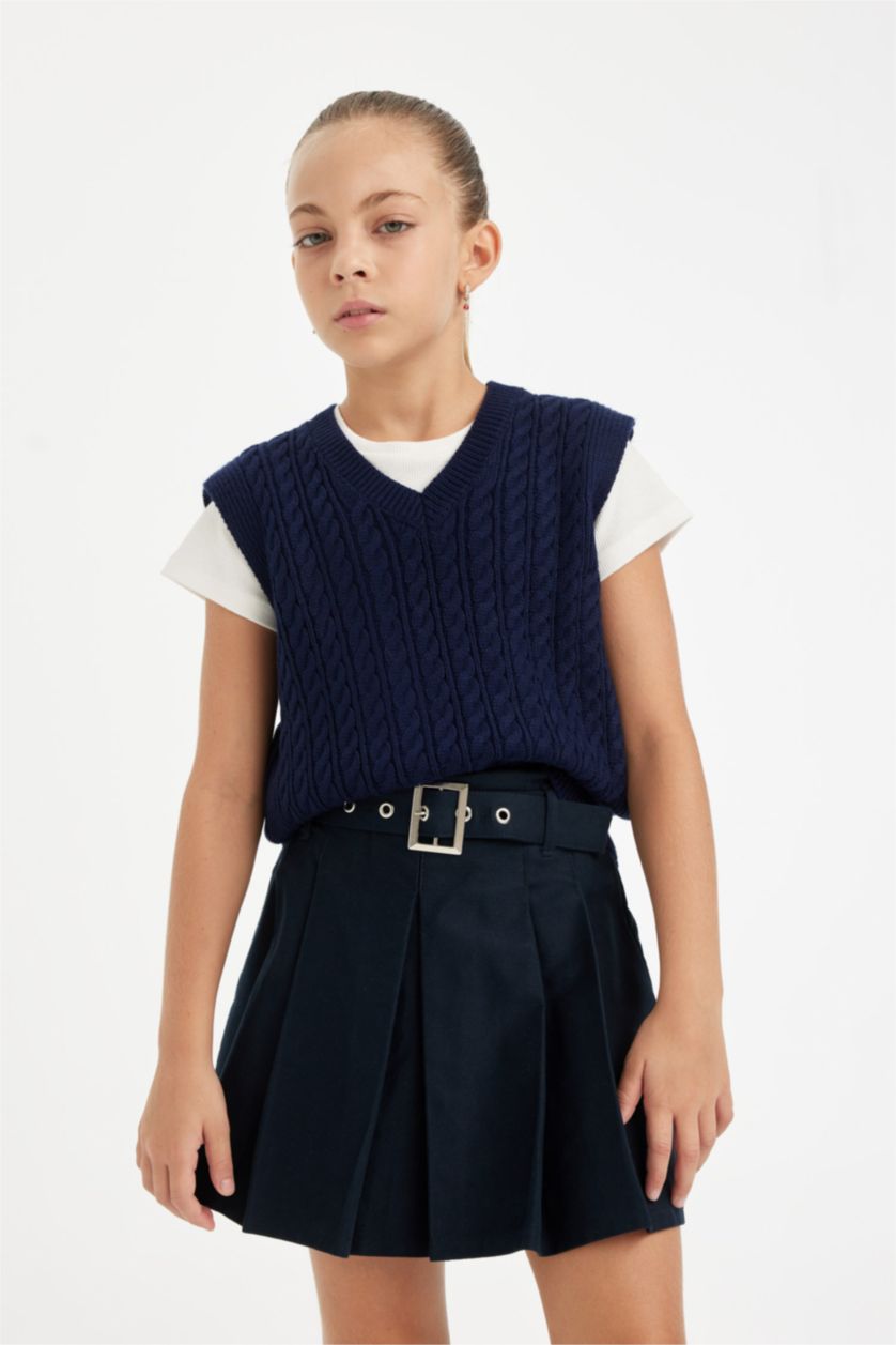 Kız Çocuk - Genç Kız Lacivert Kız Çocuk Standart Fit V Yaka Örgü Desenli Basic Düz Triko Süveter