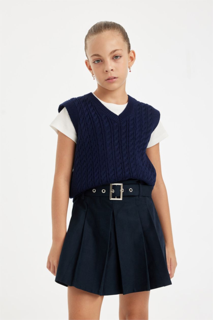 Kız Çocuk - Genç Kız Lacivert Kız Çocuk Standart Fit V Yaka Örgü Desenli Basic Düz Triko Süveter