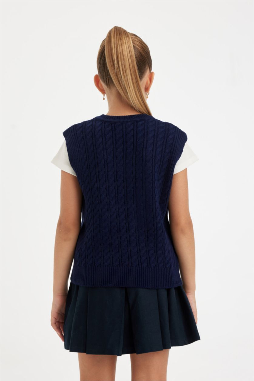 Kız Çocuk - Genç Kız Lacivert Kız Çocuk Standart Fit V Yaka Örgü Desenli Basic Düz Triko Süveter