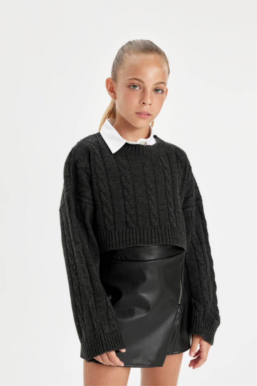 Девочки и подростки Антрацит Свитер кроп с круглым вырезом для девочек