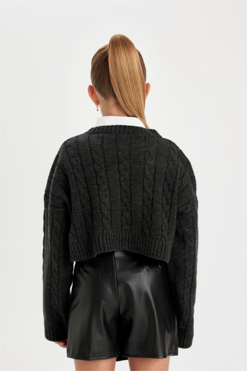 Девочки и подростки Антрацит Свитер кроп с круглым вырезом для девочек