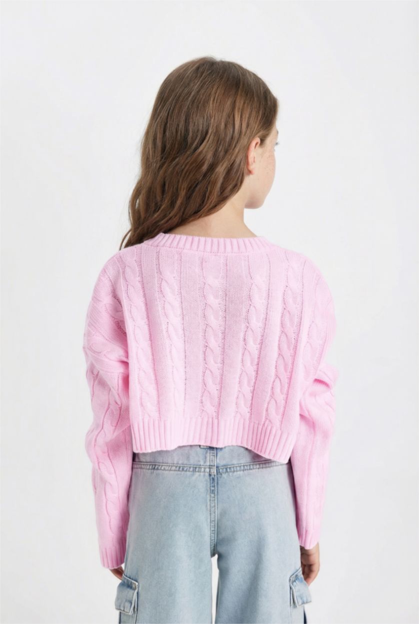 Девочки и подростки Розовый Свитер кроп с круглым вырезом для девочек
